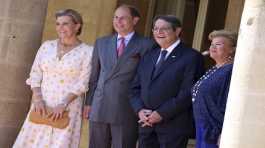 Nicos Anastasiades, and his wife Antri, receive Britain's Prince Edward and Sophie