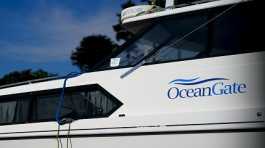 A boat with the OceanGate logo