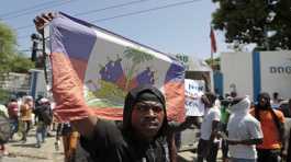 demonstrator holds up a Haitian flag during a protest